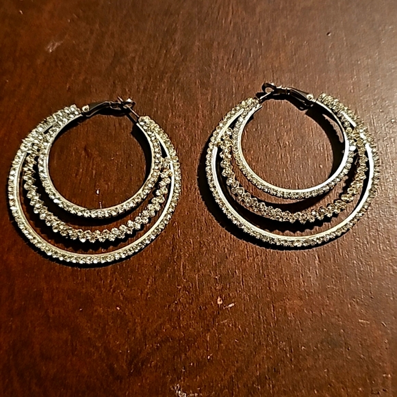 Silvertone Large (2.5"×2.5") Hoop Earrings, Pierce, w/Crystal & Rhinestones - Picture 2 of 4